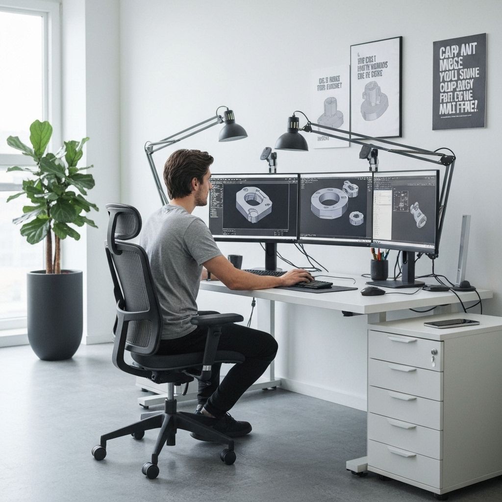 Modern workspace with dual monitors showing CAD designs